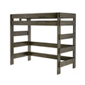Close-up of gray solid wood twin loft bed frame with slatted guardrails and built-in ladder, rustic farmhouse finish, space-saving bunk bed for kids' bedroom