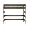 Weathered gray-brown wood twin-over-twin bunk bed frame with ladder and horizontal slat guardrails, modern rustic finish, isolated on white background