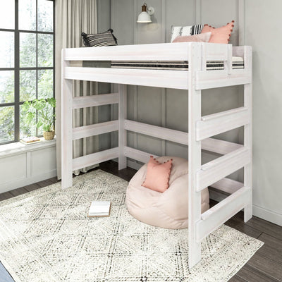 Whitewashed wooden loft bed with ladder, pink bean bag and decorative pillows in modern kids' bedroom by large window, potted plant and textured area rug
