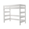 White wooden loft bunk bed frame with top guardrail and ladder, modern twin-over-twin design