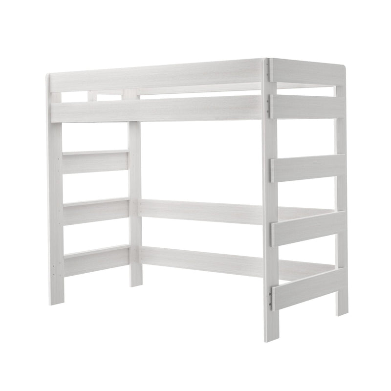 White wooden loft bunk bed frame with top guardrail and ladder, modern twin-over-twin design