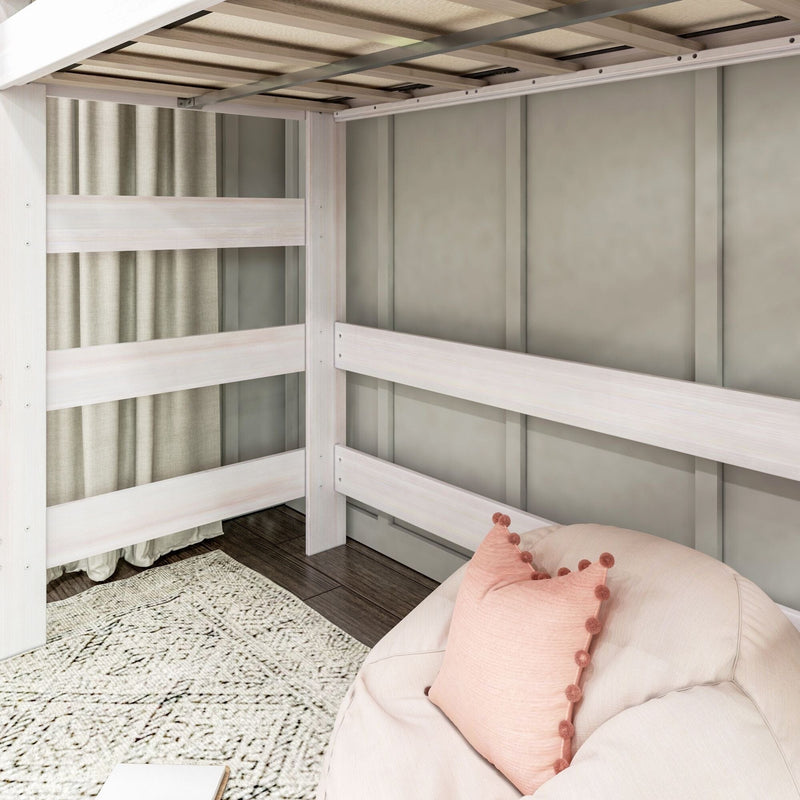 Whitewashed wooden bunk bed frame in a neutral children's bedroom with beige curtains, textured rug and pink pom‑pom pillow