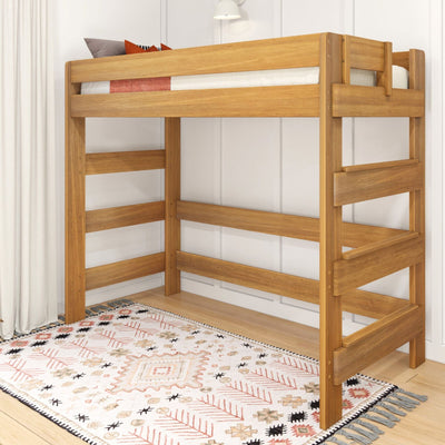 Natural oak wooden loft bunk bed with safety rails and ladder in kids' bedroom over patterned boho rug, modern farmhouse