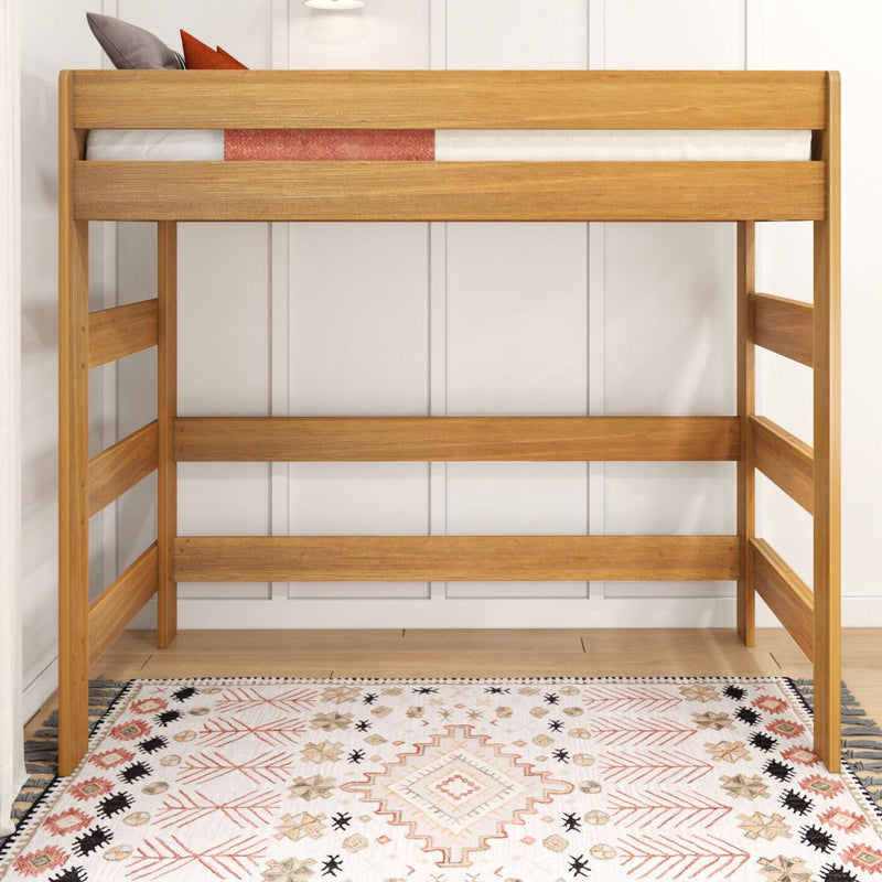 Light oak loft bed frame with twin mattress and guardrail, decorative pillows and boho geometric area rug in modern kids' bedroom