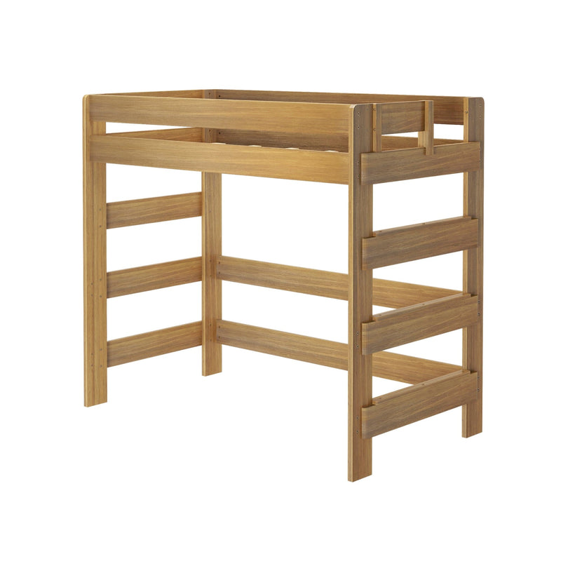 Solid wood loft bed frame with guardrails and integrated ladder in natural oak finish, modern rustic bedroom furniture