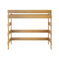 Solid oak bunk bed frame with natural wood finish and minimalist guard rails, modern wooden bunk on white background