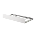 White wooden underbed trundle storage drawer with slatted base, metal rails and casters, space-saving organizer for single beds