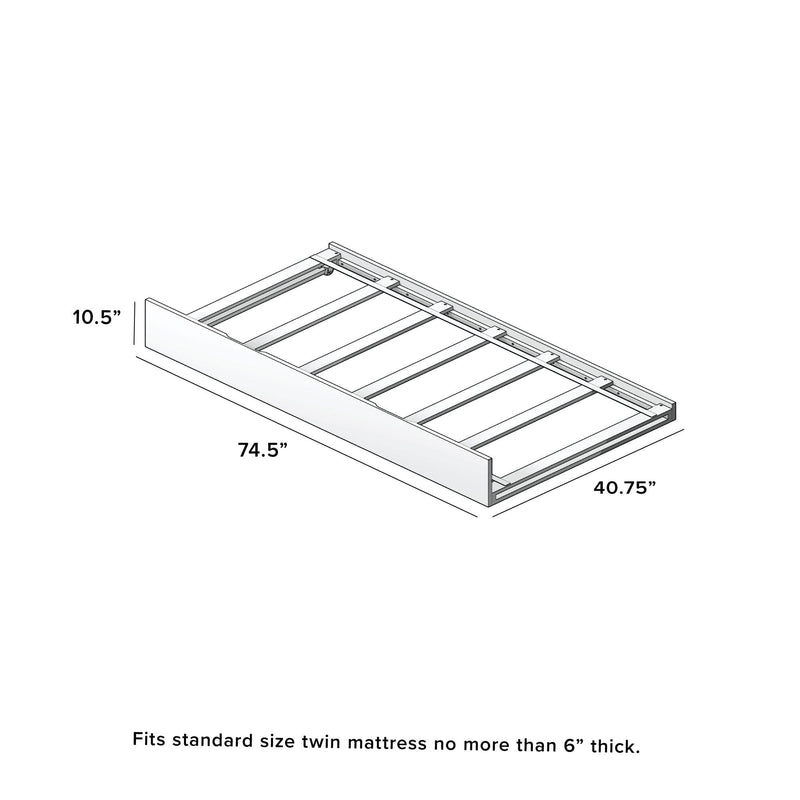 Twin trundle bed frame with slatted platform and front panel, fits standard twin mattress up to 6 in thick — dimensions 74.5 in L x 40.75 in W x 10.5 in H; ideal under-bed storage and guest bed solution.