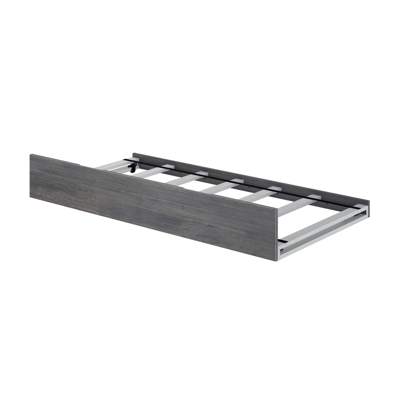 Modern gray trundle bed frame with wood front panel and metal slatted base, pull-out underbed storage for a twin mattress