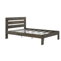 Dark wood platform bed frame with horizontal slatted headboard and metal support slats, modern bedroom furniture