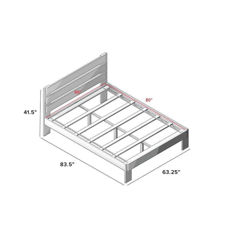 Assembly diagram of a queen-size wooden platform bed frame with slatted headboard and center supports; mattress area 60 in x 80 in, overall 83.5 in length, 63.25 in width, 41.5 in headboard height