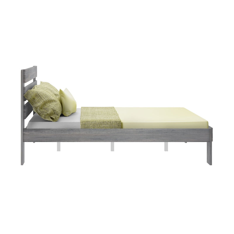 Gray wooden bed frame with light green pillows, textured green throw and mattress, modern minimalist bedroom bedding