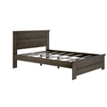 Dark brown wood platform bed frame with paneled headboard and metal slatted base, modern rustic bedroom furniture