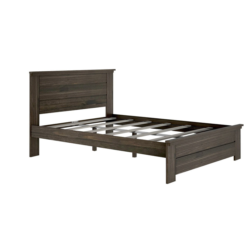 Dark brown wood platform bed frame with paneled headboard and metal slatted base, modern rustic bedroom furniture