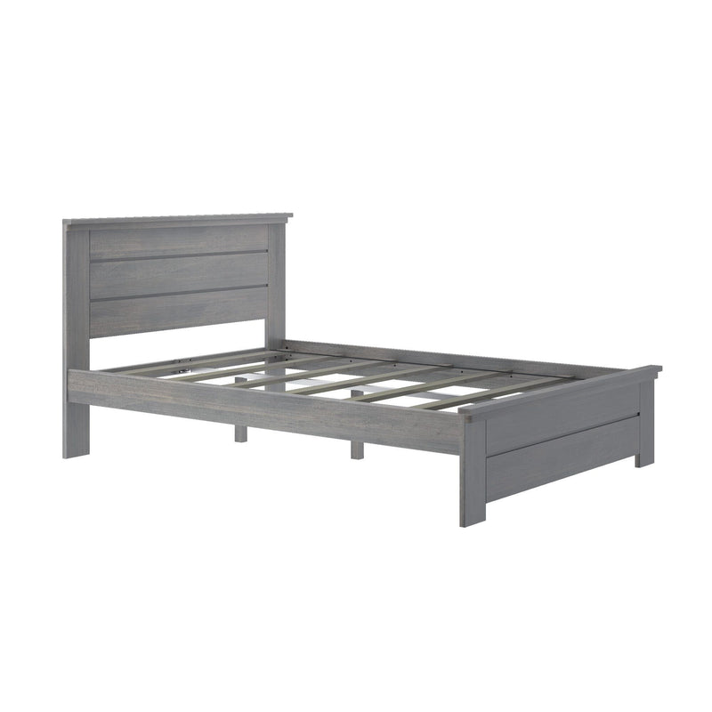 Grey wooden platform bed frame with slatted mattress support and paneled headboard, modern farmhouse bedroom furniture