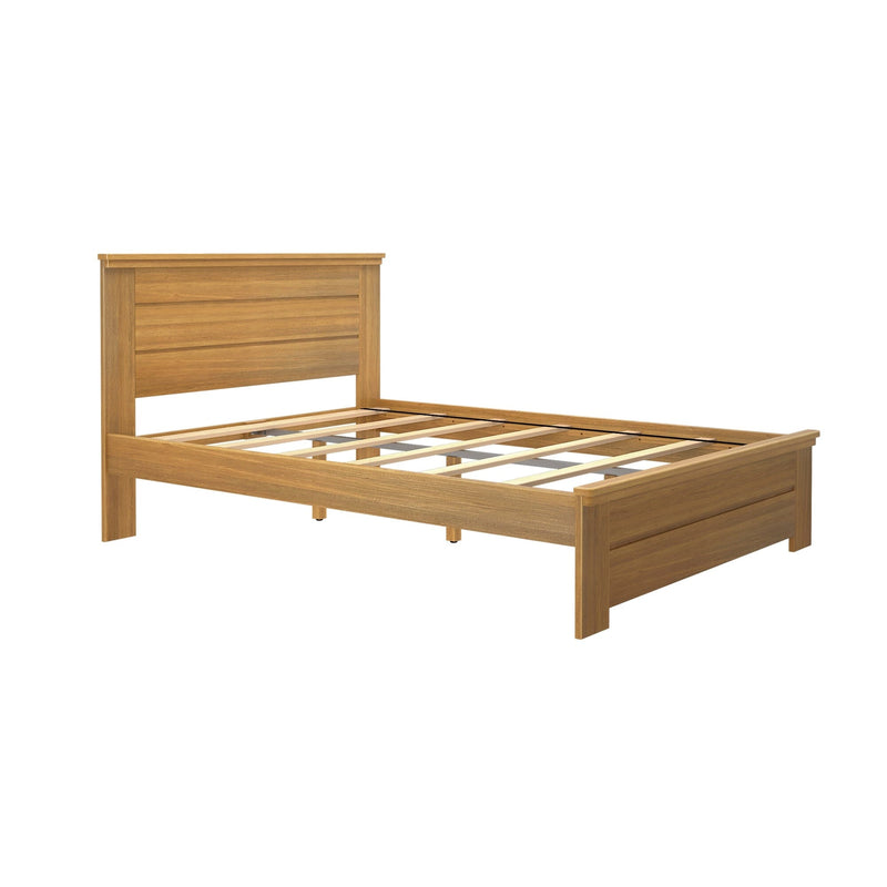 Natural oak wooden bed frame with slatted base and paneled headboard, modern rustic bedroom furniture