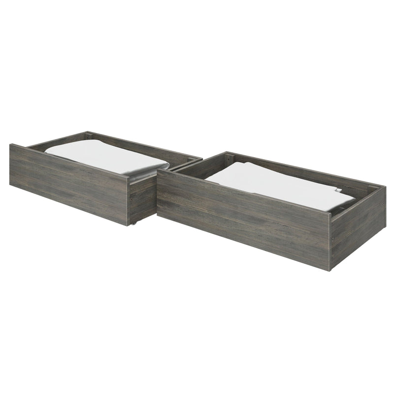 Set of two gray wood twin trundle bed storage drawers with mattresses, under-bed rolling storage for bedroom organization and small-space solutions