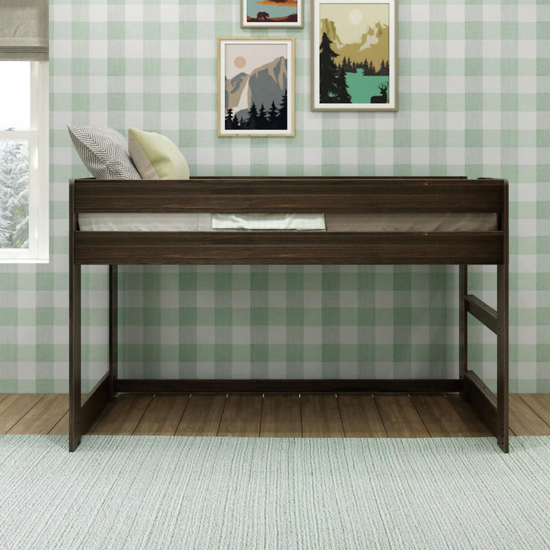 Wooden loft bed in kids' bedroom with mint green buffalo-check wallpaper, decorative pillows, framed nature prints and bright window light