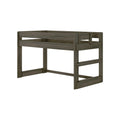 Rustic gray-brown wood twin loft bed frame with upper guardrail and integrated ladder-style supports, space-saving bunk bed design on white background