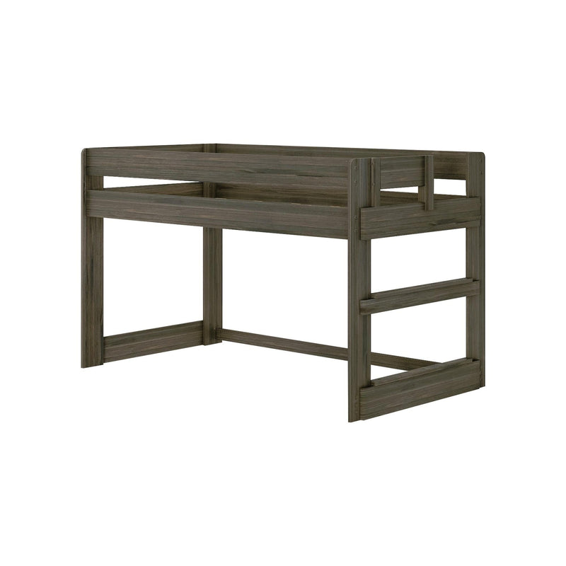 Rustic gray-brown wood twin loft bed frame with upper guardrail and integrated ladder-style supports, space-saving bunk bed design on white background