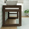 Dark wood loft bed frame with chevron pillow in a children's room with mint-green gingham wallpaper, window and potted plant