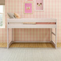 White wooden loft bed in a kids' bedroom with pink gingham wallpaper, framed butterfly art, pastel throw pillows, hardwood floor and neutral area rug