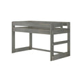 Gray wooden loft bed frame with raised guardrail and ladder-style support rails, rustic weathered finish for a modern bedroom
