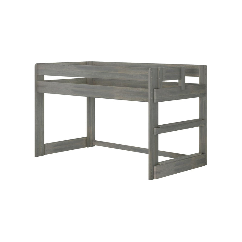 Gray wooden loft bed frame with raised guardrail and ladder-style support rails, rustic weathered finish for a modern bedroom