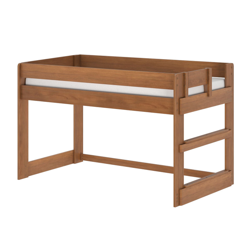 Walnut solid wood twin loft bed frame top with mattress, raised safety rails and ladder supports — sturdy modern bunk bed design