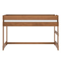 Walnut-tone solid wood loft bed frame with raised guardrail and white mattress, minimalist modern wooden bed
