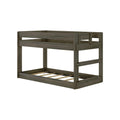 Weathered gray wooden twin-over-twin bunk bed with guardrails and slatted mattress supports — space-saving children's loft bed with solid wood frame