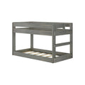 Gray wooden bunk bed frame with upper guardrails, slatted mattress support and built-in ladder in rustic farmhouse finish
