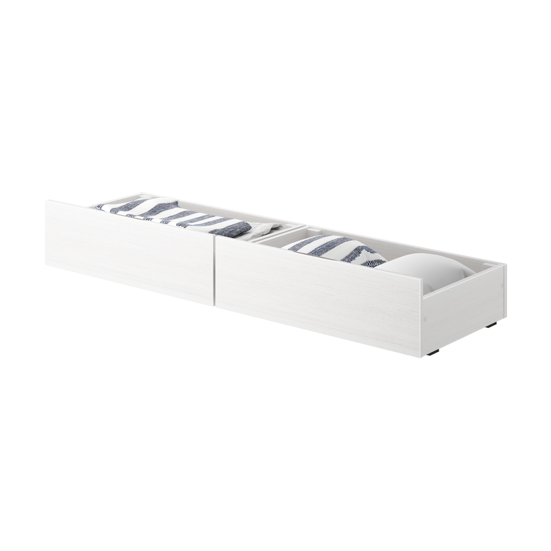 White wooden under-bed storage drawers with two sliding compartments holding folded linens and pillows, space-saving bedroom storage solution