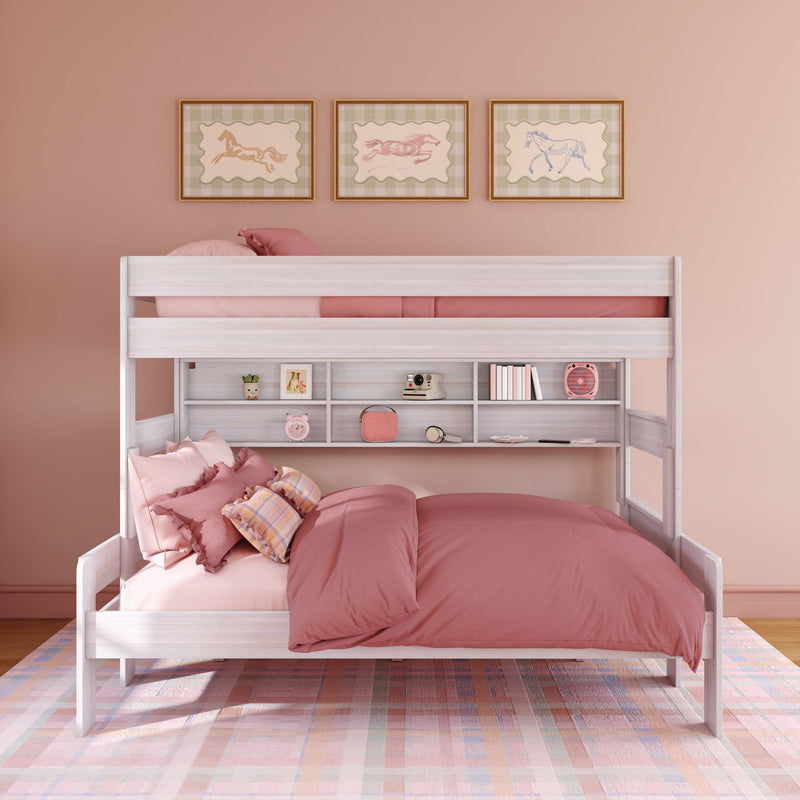 Modern Farmhouse Twin XL Over Queen Bunk Bed With Bookshelf