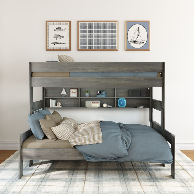 Modern Farmhouse Twin XL Over Queen Bunk Bed With Bookshelf
