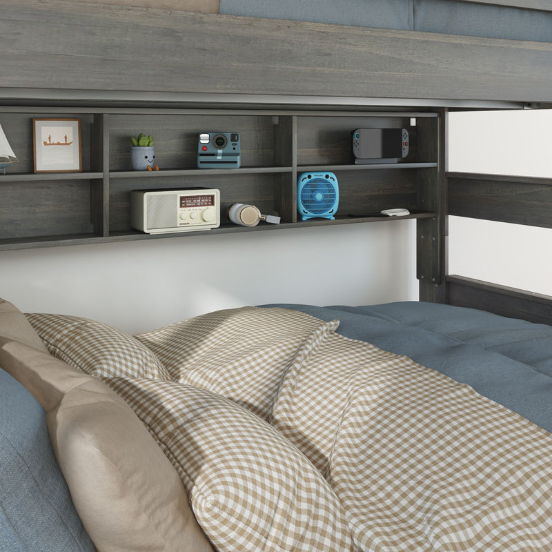 Modern Farmhouse Twin XL Over Queen Bunk Bed With Bookshelf