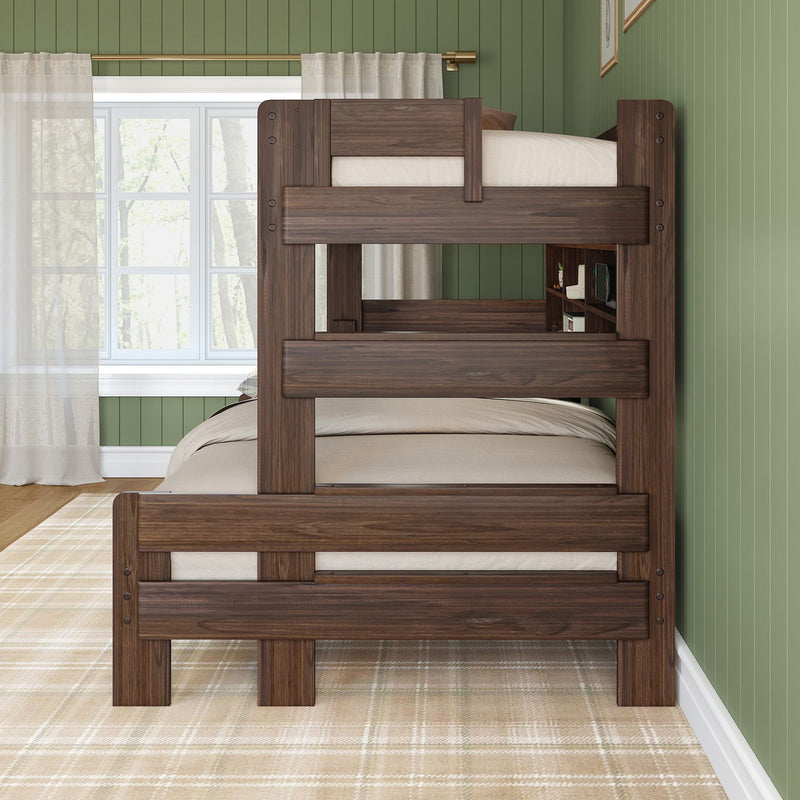 Modern Farmhouse Twin Over Full Bunk Bed With Bookshelf