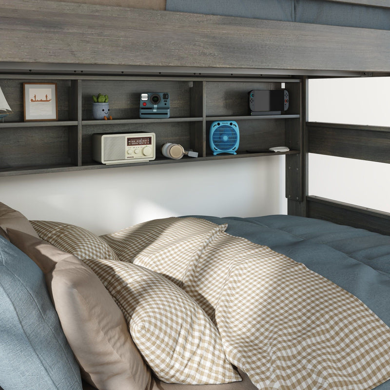 Modern Farmhouse Twin Over Full Bunk Bed With Bookshelf