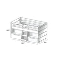 White wooden loft bed with storage drawers and measurements of 41.5 inches high, 76.5 inches long, and 47 inches wide.