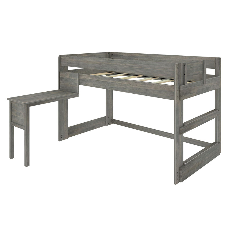 Weathered gray wooden twin loft bed with integrated bench and steps, safety guardrail and slatted mattress support for kids' bedroom