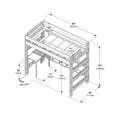 Dimensional diagram of a wooden twin loft bed with built-in desk, ladder and guardrails showing overall dimensions 80 in × 43 in × 70 in (203 × 110 × 178 cm) and internal slat and support measurements