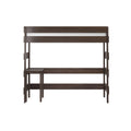 Modern dark walnut wooden bunk bed frame with white-accent headboard, integrated ladder and step stool