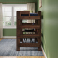 Loft bed with built-in desk and chair, dark walnut finish in green paneled kids' bedroom with navy bedding, large window and sheer curtains