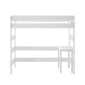 White wooden twin-over-twin bunk bed frame with ladder and guardrails, modern minimalist loft bed for kids bedroom furniture