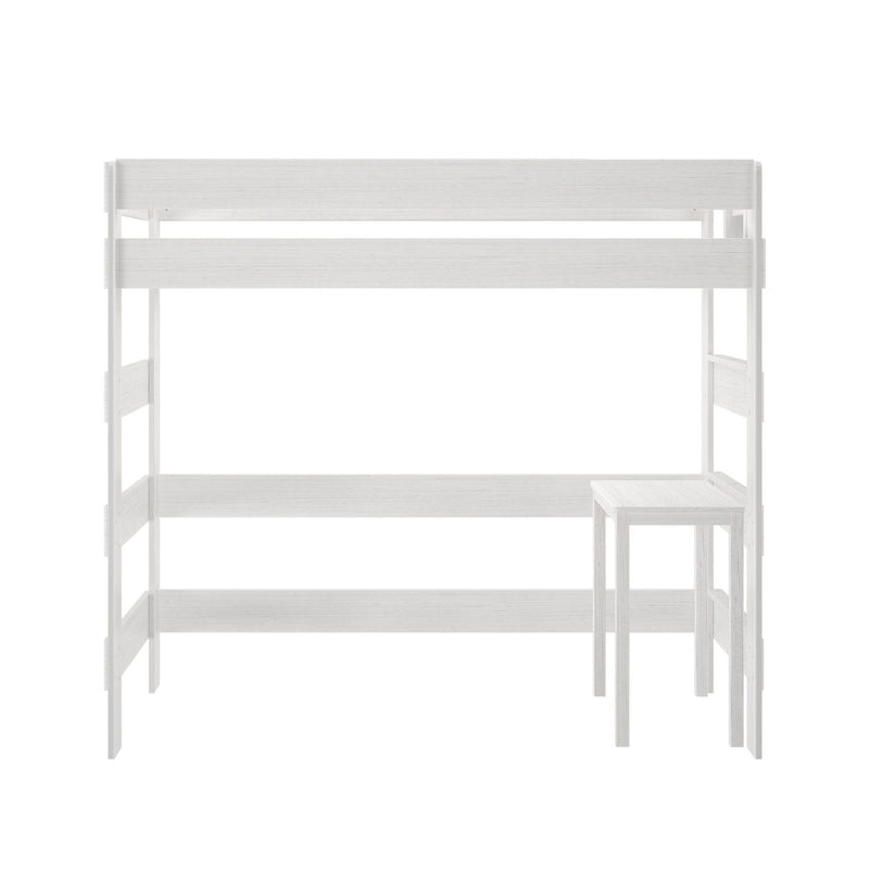 White wooden twin-over-twin bunk bed frame with ladder and guardrails, modern minimalist loft bed for kids bedroom furniture
