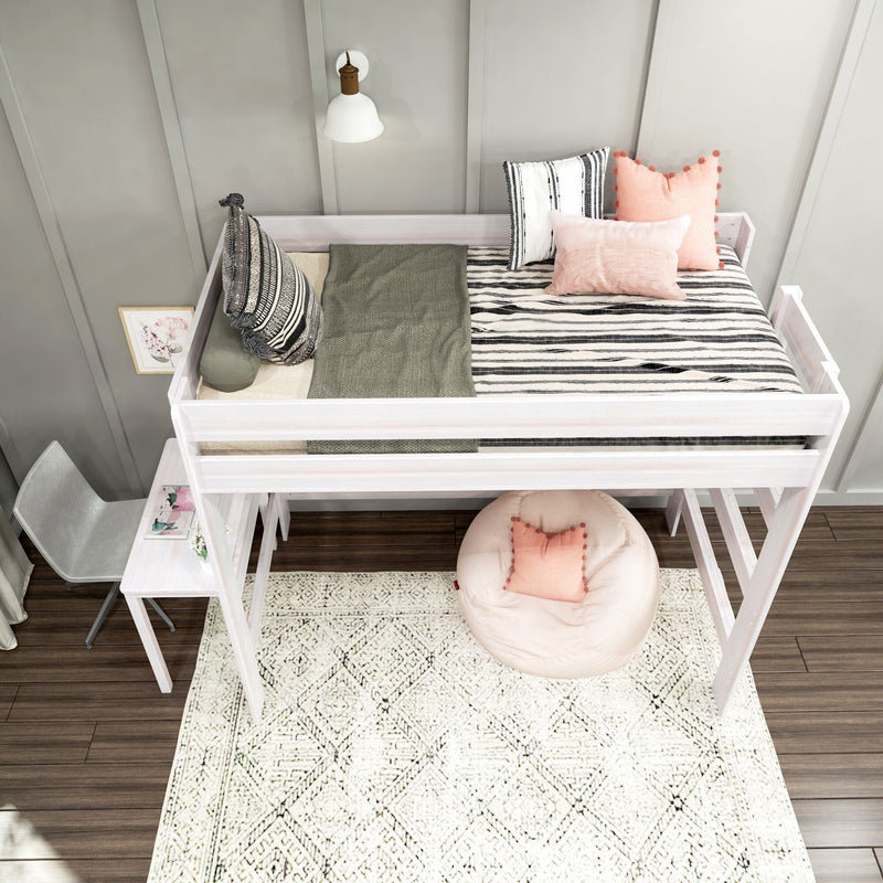 White loft bed with built-in desk, black-and-white striped bedding, pink pom-pom pillows, round pink beanbag and textured rug
