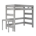 Gray wooden twin loft bed frame with slatted guardrails and built-in desk, space-saving rustic farmhouse finish