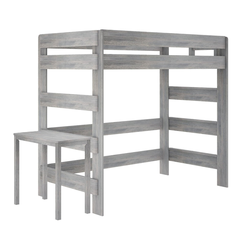Gray wooden twin loft bed frame with slatted guardrails and built-in desk, space-saving rustic farmhouse finish
