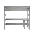 Weathered gray wooden twin-over-twin bunk bed with ladder and built-in study desk, space-saving modern farmhouse design for kids' bedrooms