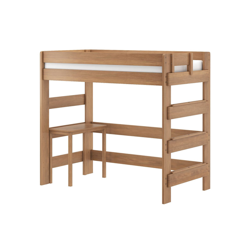 Solid wood twin loft bed in natural oak finish with safety guardrail, ladder, and integrated study desk, modern kids bedroom furniture